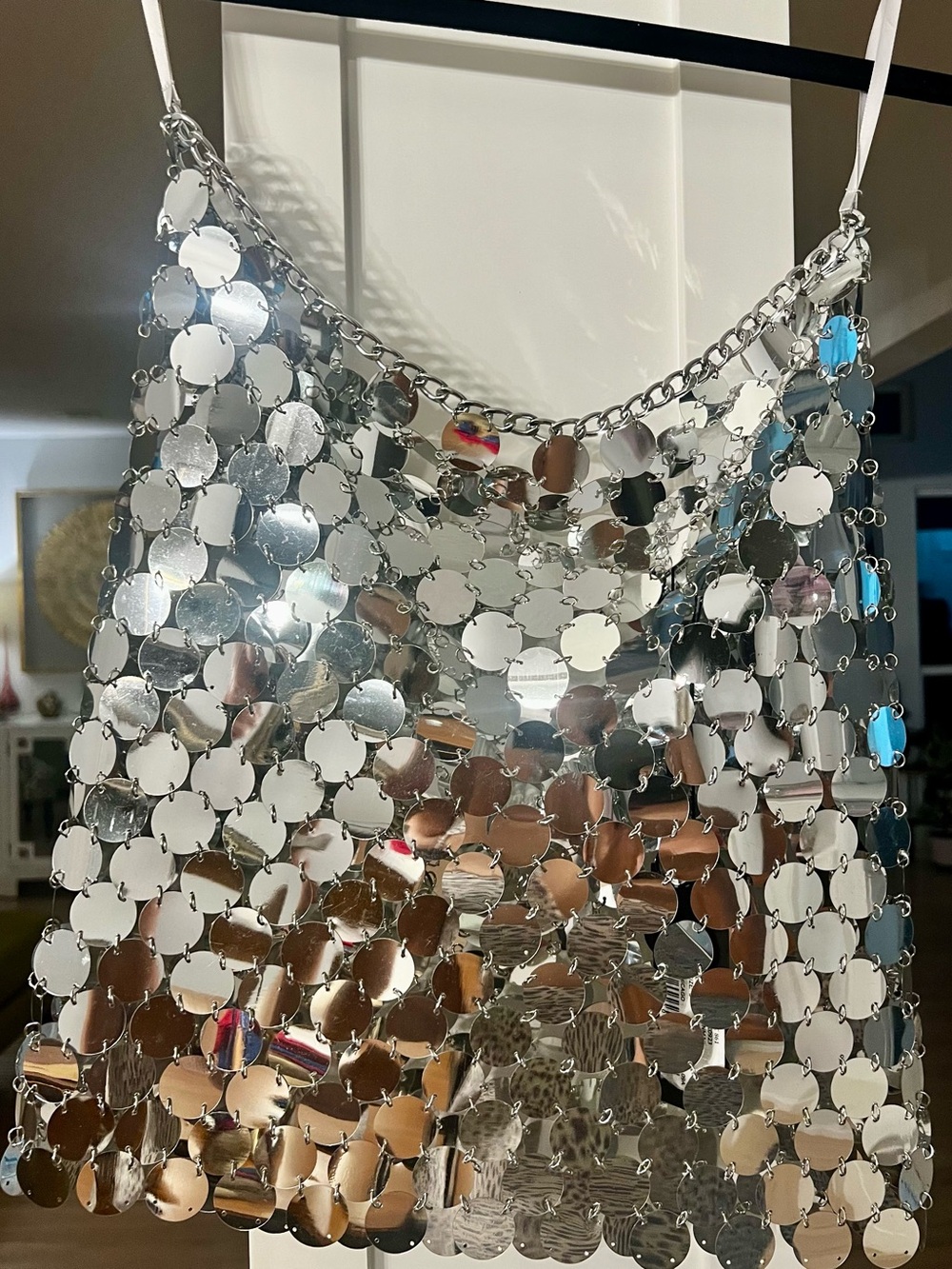 Gianni Bini Rumi Chainmail Silver Metallic Sequin Mini Skirt NWT Size S